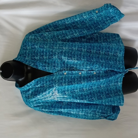 Heart of Palms Abstract Turquoise Top or jacket,  button & waist tie, shiny - Picture 1 of 7